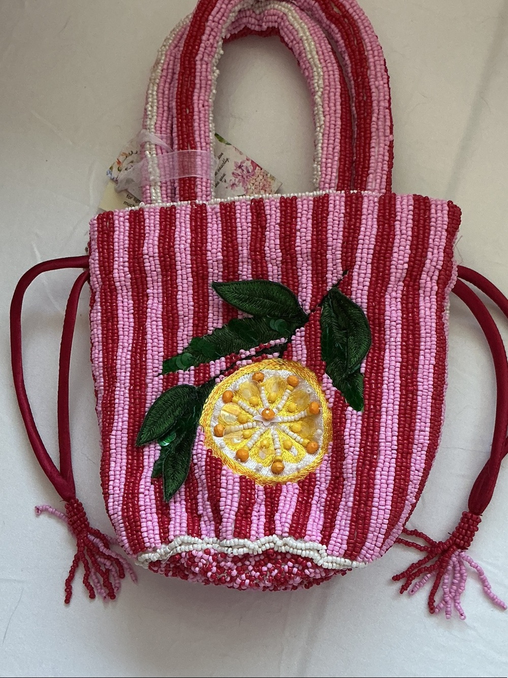 Pink and Red Striped Beaded Lemon Tote Bag - Picture 2 of 8